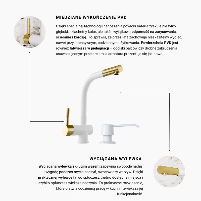 Küchenarmatur GLOBALO Lobio White/Light Gold Mat Ring mit Intio White Seifenspender
