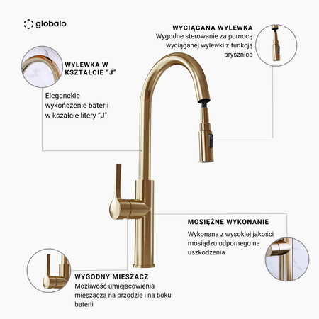 Küchenarmatur mit ausziehbarem Auslauf GLOBALO Divio Light Gold Matt 1.1