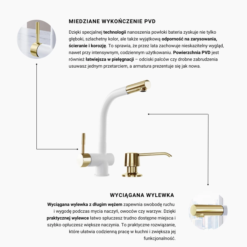 Küchenarmatur GLOBALO Lobio White/Light Gold Ring mit Intio Light Gold Seifenspender