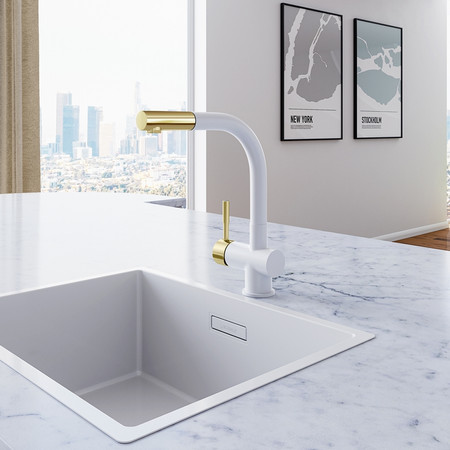 Set GLOBALO Lobio White/Light Gold Ring 1.1 Faucet + Intio White 1.1 Dispenser