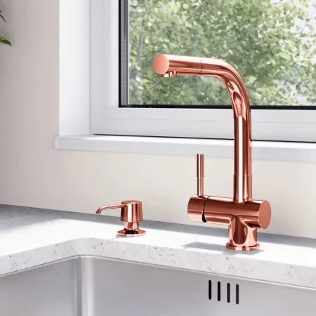 Zestaw bateria kuchenna z wyciąganą wylewką GLOBALO Lobio Copper 1.1 + Dozownik płynu Intio Copper 1.1