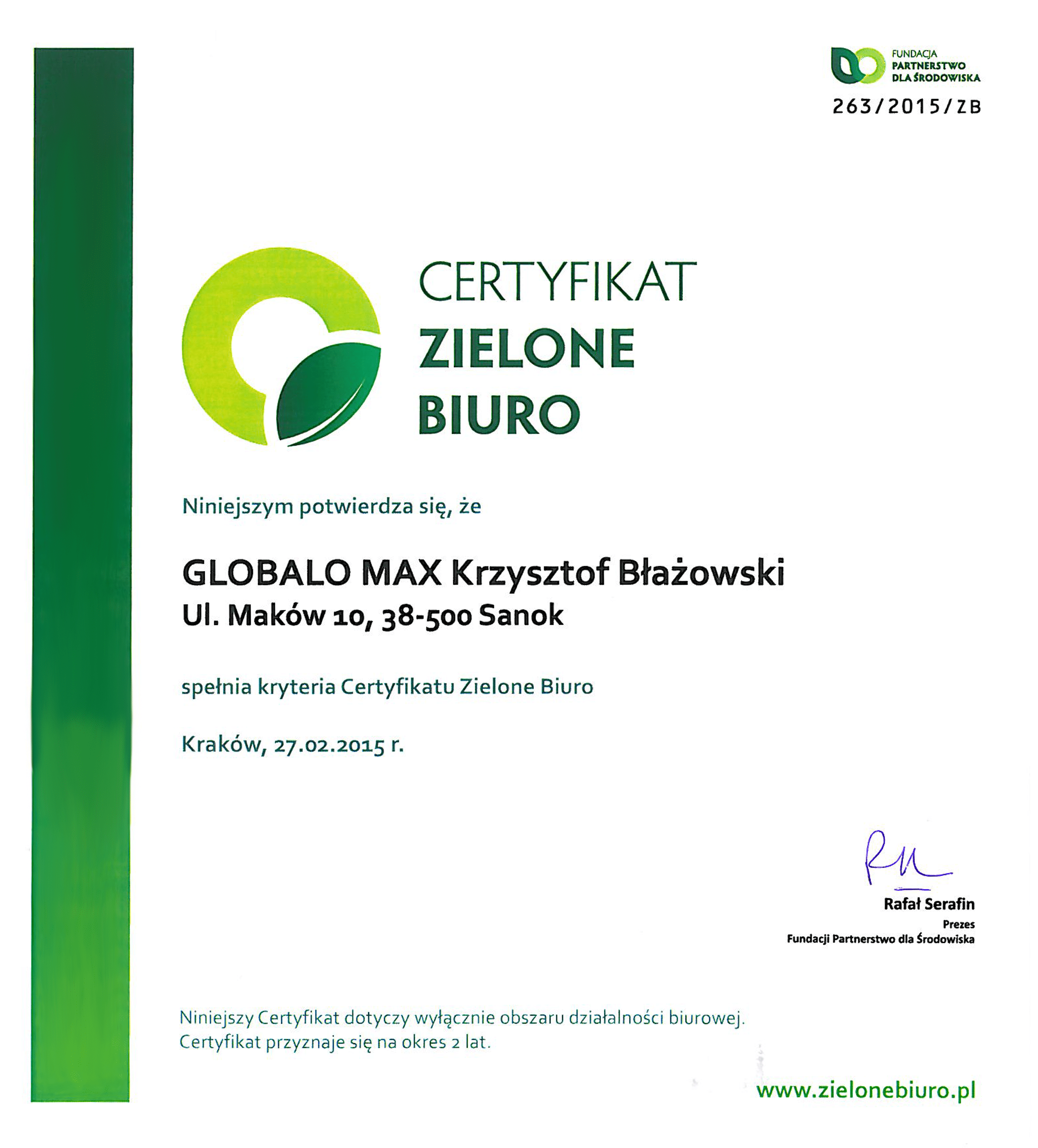 certyfikat zielone biuro Globalo